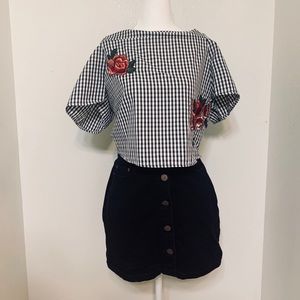 Off the should black and white blouse